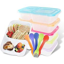 Bento Lunch Box Containers 5-Pack for Kids & Adults by Teivio - with 5 Coloured Spork - Premium Multi-Coloured Eco-Friendly 3-Compartment, Reusable, Microwave, Dishwasher and Freezer Safe