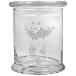 12 oz Clear Glass storage Herb Stash Jar and Lid with Panda With Pistols Logo