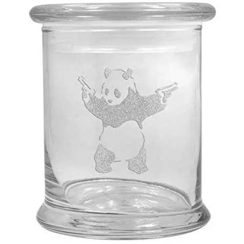 12 oz Clear Glass storage Herb Stash Jar and Lid with Panda With Pistols Logo 12 oz Clear Glass storage Herb Stash Jar and Lid with Panda With Pistols Logo