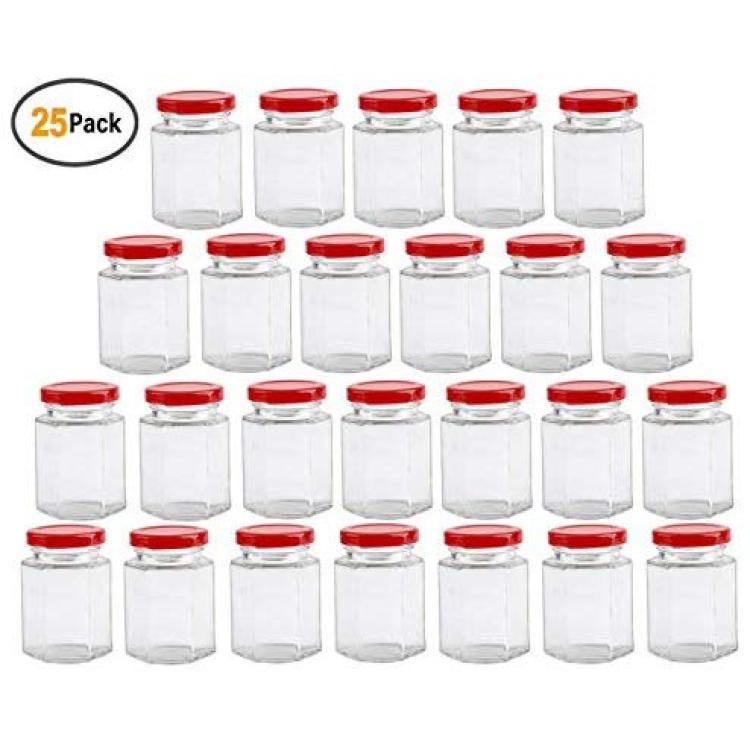 Clear Hexagon Jars 4oz With Lids Red,Glass Jars For Spice,Foods,Jams,Liquid,Mason  Jars