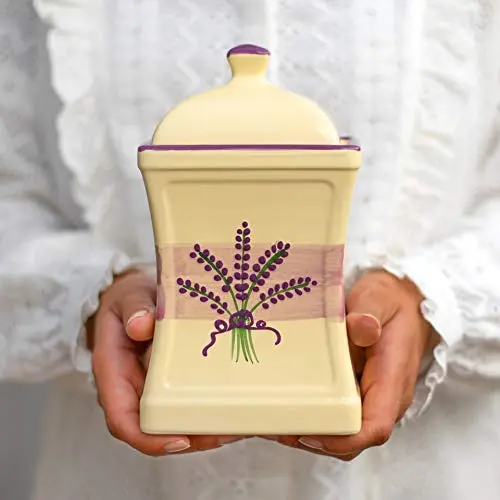 Stadt zu Cottage Handgemachte Lavendel-Blumen Gelbe und Creme Große Keramik 31,5 oz/900ml Küchen-Aufbewahrungsglas mit Deckel | Tonkanister, Keksdose, Wohngifts Geschenk