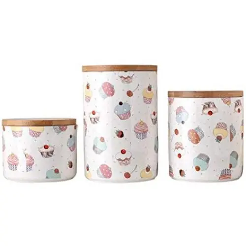 Food Storage Jar, Ceramic Kitchen Canisters with Airtight Seal Bamboo Lid, Food Storage Canister for Tea, Coffee Bean, Spice, Sugar, Flour 750ml/ 1110ml/ 1650ml (3 pieces set)