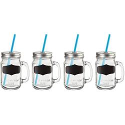 Circleware Yorkshire Mason Jar Drinking Mugs with Glass Handles, Fun Chalkboard, Metal Lids and Hard Plastic Blue Straws, Set of 4, 17.5 ounce, Clear