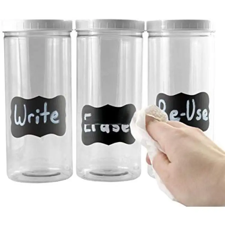 Three Tall Clear Plastic Canisters w/White Lids & Chalk Labels 2.5 Quart 10 Cup