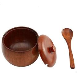 Wooden Salt Box with Lid and Spoon, Salt Cellar Salt bowl Sugar Bowl Wood Spice Jar Sugar Spice Condiment Storage Container for Kitchen