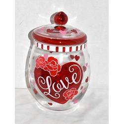 New 10" Red & Pink Hearts Love with Red Roses Glass Candy Jar Canister with Lid