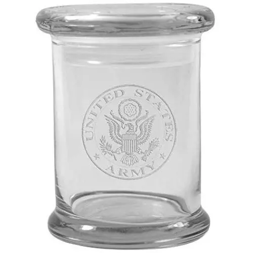 Clear 8 oz Glass Herb Stash Jar and Lid with US Army Logo from Smoke Promos Clear 8 oz Glass Herb Stash Jar and Lid with US Army Logo from Smoke Promos