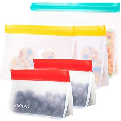 Keeper Reusable Snack Bags (Set of 5) - Reusable Sandwich Bags For Kids. Premium Reusable Lunch Bags For Women. Reusable Ziplock Food Storage Bag Keeps Food Fresh. Lunch Baggies are Freezer Safe