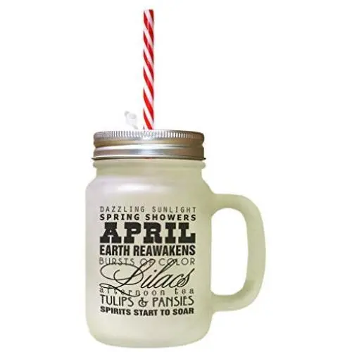 Black April Earth Reawakens Spring Seaosn Frosted Glass Mason Jar With Straw