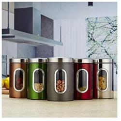 storage jar Grain container Food container Storage Box，Transparent round stainless steel candy biscuit food storage sealed cans, red set 3