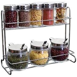 Kitchen Storage Containers Glass Jars Set,Iron Spice Rack Send Spoon Pack of 8,Stainless Steel Spice Jars Oil Vinegar Pot Kitchen Supplies,b