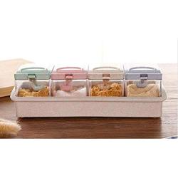 Seasoning Box Seasoning Storage Box Wheat Straw with Spoon 4-compartment Spice Box Storage Container Condiment Jars for Spice Sugar Salt