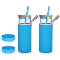 Tronco 24oz Glass Tumbler Glass Water Bottle Straw Silicone Pedestal Sleeve Bamboo Lid With Removeable Soft Insulator Sleeve - BPA Free (Pack of 2)