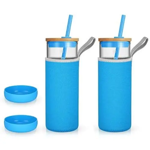 Verres en verre 24oz, Bouteille d'eau en verre, Bouchon en silicone, Support en bambou - Double paroi isotherme - BPA Free (Lot de 2)