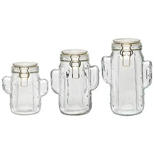 Amici Home Saguaro Glass Hermetic Jar Set, Figural Clear Textured Dry Food Storage Canisters with Hermetic Preserving Lid, Assorted Set of 3