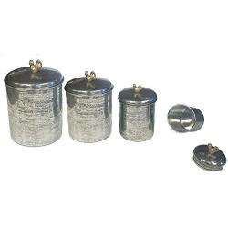 ZUCCOR ZCANSR Set of 4 Hand-Textured Stainless Steel Canisters W/Brass Rooster Ornament, 10" x 7", 9" x 6", 8" x 5", 5.5" x 3.5"