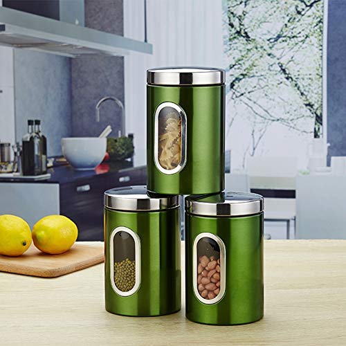 Cwg Set of 3 Airtight Tea Sugar and Coffee Storage Canister Jars Stainless Steel Canister with Window-green
