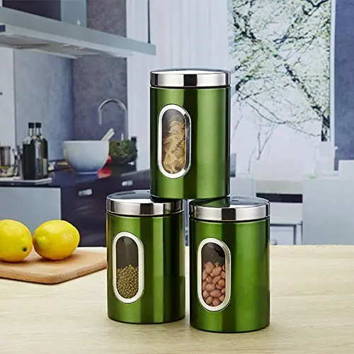 3er Cwg Set aus Edelstahl-Dunstdicht-Behältern für Tee, Zucker und Kaffee mit Fenster-Grün