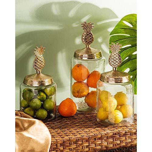 Gold Pineapple Jars- Set of 3, Glass Canisters with Metal Pineapple Lid, Set of Home Kitchen Glassware, Storage Containers for Coffee, Sugar, Tea, Spices, Cereal