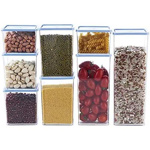 Dichtungsbehälter Set – 8-teilig, Cerealschale Stapelbar, Kunststoffbehälter mit Deckel und Waage, Spart Platz, Für Kühlschrank, Mikrowelle (<80°), Blau
