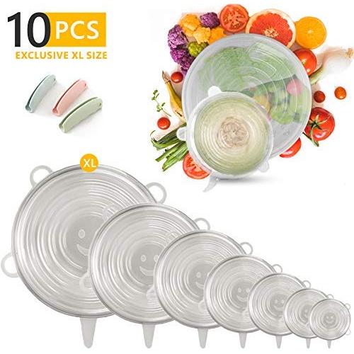 Silicone Stretch Lids ? 7 Pcs Food Cover Lid Set with EXCLUSIVE XL SIZE, 3 Pcs Silicon Bag Handles And Keychain For Various Size Food Storage Containers ? Reusable & Stackable - Microwave Safe