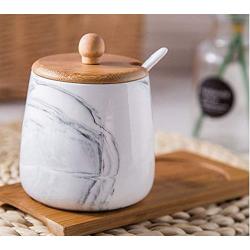 Ceramics Marbling Sugar Salt Pepper Storage Jar Seasoning Pot Dessert Bowl with Lid and Wood Spoon