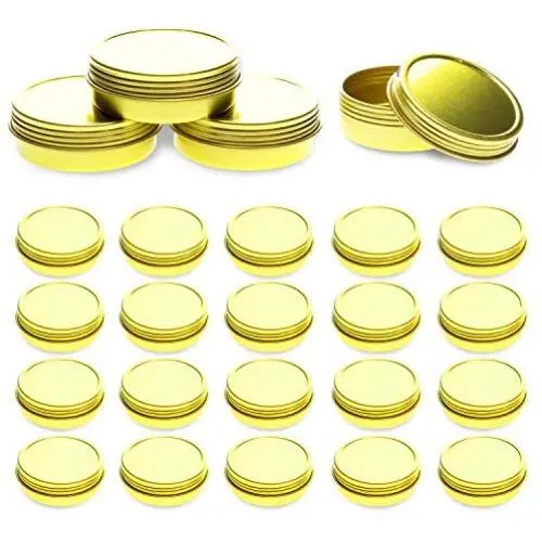 Mimi Pack 24 Pack Tins 8 oz Shallow Round Tins with Solid Screw Lids Empty Tin Containers Cosmetics Tins Party Favors Tins and Food Storage Containers (Gold)