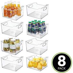 mDesign Plastic Kitchen Pantry Cabinet, Refrigerator or Freezer Food Storage Bin Box - Deep Container with Handles - Organizer for Fruit, Vegetables, Yogurt, Snacks, Pasta 10" Long, 8 Pack - Clear