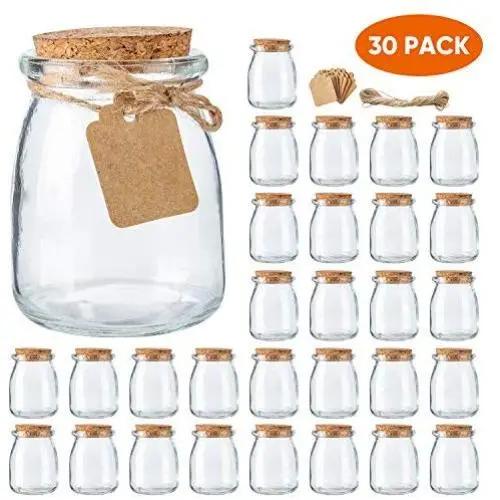 Mini Joghurtgläser 30er Set, 7 oz Glas Favor Gläser mit Korkstopfen, Glas Puddinggläser, Glasbehälter mit Deckeln, Mason Jar Hochzeit Favors Honiggläser mit Etiketten und String