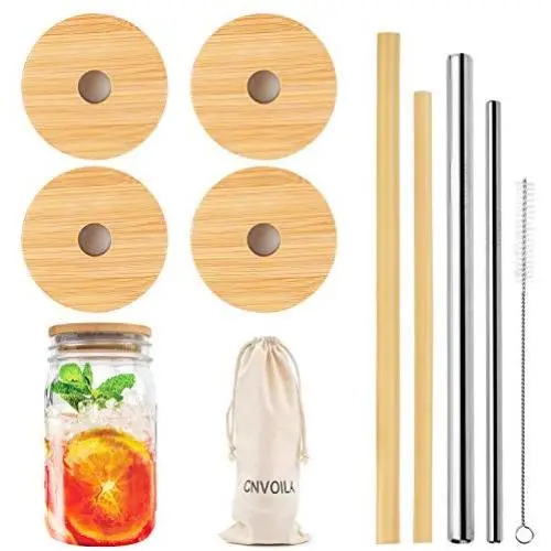 Mason Jar Lids with Straw Hole, ECO Reusable Bamboo Mason Jar Lids for Regular Mouth Mason Jar with 4 Reusable Stainless Steel and Bamboo Straw