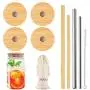 Mason Jar Lids with Straw Hole, ECO Reusable Bamboo Mason Jar Lids for Regular Mouth Mason Jar with 4 Reusable Stainless Steel and Bamboo Straw