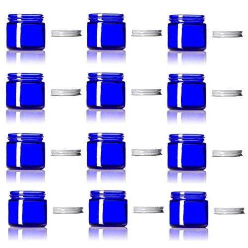 1 Oz (30 ml) BLUE Glass Jars with White Metal Screw Lids with Inner Gasket- pack of 12