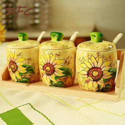 Kitchen seasoning box/Ceramic Hand-Painted Condiment Storage Container with Tray Salt Tank Sugar jar