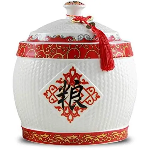 Reisbehälter Porzellan Reiszylinder Küchen Lagerbehälter Feuchtigkeits- und Insektenfest - Set (Farbe: Weiß+Rot, Größe: 21x27cm)