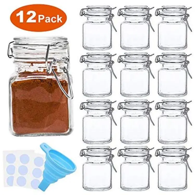 Spice Jars, SPANLA 12 Pack 4oz Small Glass Jars with Airtight Hinged Lid,  With 12 Spice Labels & Silicone Funnels, Airtight Glass Jars for Spices,  Art Craft Storage (12 Pack)