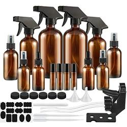 Glass Spray Bottle, SXUDA Amber Glass Spray Bottles Set Roller Bottles for Essential Oils, Cleaning Products or Aromatherapy (16OZ, 8OZ, 4OZ, 2OZ, 2OZ Dropper Bottle) x 2, 10 ml Roller Bottle x 4