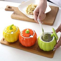 MAI&BAO Spice Jar Seasoning Bottle Box Jar Ceramic Condiment Storage Container for Storing Pepper Cumin Powder Salt Sugar Pepper Set of 3 Ceramic Condiment Pumpkin Shape