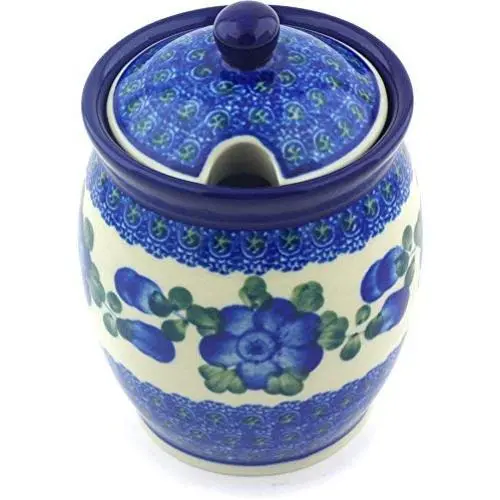 Polish Pottery Jar with Lid with Opening 5-inch Blue Poppies Polish Pottery Jar with Lid with Opening 5-inch Blue Poppies