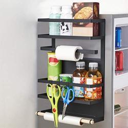 Multifunctional Refrigerator Organizer Rack with Hooks, Magnetic 4-Layer Side Wall Storage Rack, Heavy Duty Fridge Organizer, Spice Jars Storage and Paper Towel Plastic Wrap Holder, 18x12x4inch