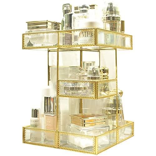 360 Degree Rotation Makeup Organizer Antique Countertop Cosmetic Storage Box Mirror Glass Beauty Display, Gold Spin Large Capacity Holder for Brushes Lipsticks Skincare Toner