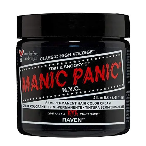 Manic Panic Raven Black Haarfarbe – Klassische High Voltage – Halbpermanente Haarfarbe – Kühle Schwarze Tönung mit blauen Untertönen – Für dunkles, helles Haar – Vegan, PPD & Ammoniakfrei – Zum Aufhellen/Verfärben von Haar