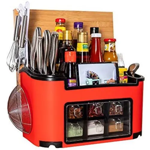 LYNNTLJ Gewürzregale, Multifunktionale Kunststoff-Gewürzregale, für Gewürzgefäße und Flaschen, platzsparend/Rot/39,5x20x23cm