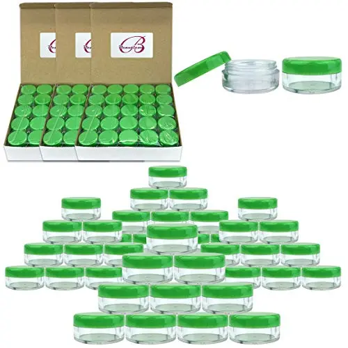 (Menge: 200 Stück) Beauticom 5G/5ml Klare Runde Gläser mit GRÜNEN Deckeln für Peelings, Öle, Toner, Salben, Cremes, Lotionen, Make-up-Proben, Lippenbalsam – BPA-frei