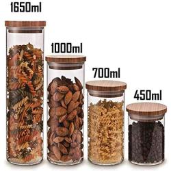 Homily 450-1650 4Pcs Round Shape Glass Food Storage Jar Set with Airtight Bamboo Lid Seal (4, S,M,L,XL)