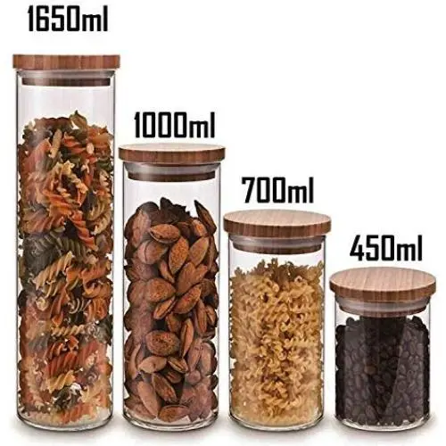 Ensemble de 4 Pots de Rangement en Verre Rond (4, S,M,L,XL) avec Couvercle en Bambou Étanchéifié Ensemble de 4 Pots de Rangement en Verre Rond (4, S,M,L,XL) avec Couvercle en Bambou Étanchéifié