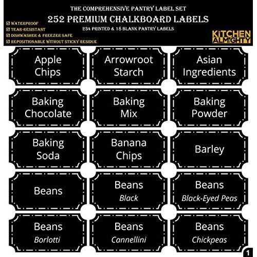 252 Preprinted 3” X 1.5” Chalkboard Pantry Labels Set w/Extra Write-on Stickers for Jars, Bottles, Containers & Canisters - Include an Exclusive Numbered Reference sheet - Waterproof & Tear-Resistant