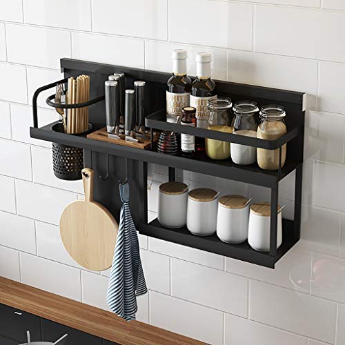 2-Tier Spice Rack Organizer - Kitchen Wall Mount Seasoning Jar Storage Shelf with Knife Utensil Holders Hooks - Higher Rail to Protect Cans Bottles from Falling Out (Black, Rose Gold)