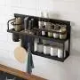 2-Tier Spice Rack Organizer - Kitchen Wall Mount Seasoning Jar Storage Shelf with Knife Utensil Holders Hooks - Higher Rail to Protect Cans Bottles from Falling Out (Black, Rose Gold) 2-Tier Spice Rack Organizer - Kitchen Wall Mount Seasoning Jar Storage Shelf with Knife Utensil Holders Hooks - Higher Rail to Protect Cans Bottles from Falling Out (Black, Rose Gold)