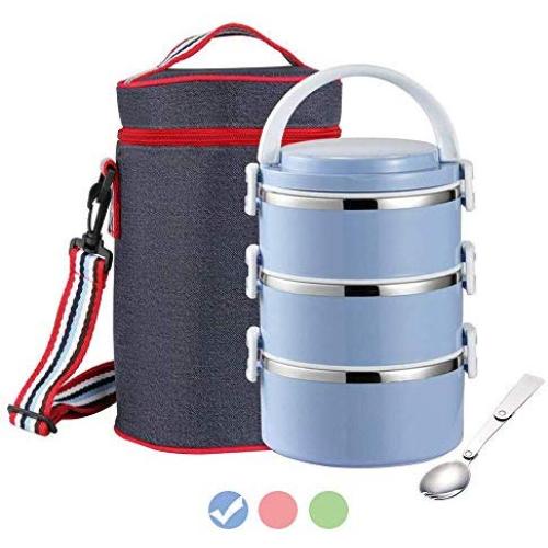 Thermale Lunch Box, Arderlive Stapelbare Isolierbehälter aus 18/8 Edelstahl mit Denim Lunch Bag, Tragbar & Dicht – 3-Blau