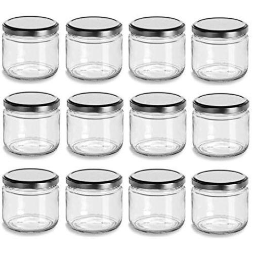 Nakpunar 12 oz Wide Mouth Glass Jars with Silver Lids -Set of 12 - Salsa style - Made in USA